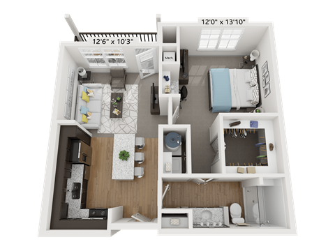 a 3d floor plan of a bedroom with a bathroom and a living room
